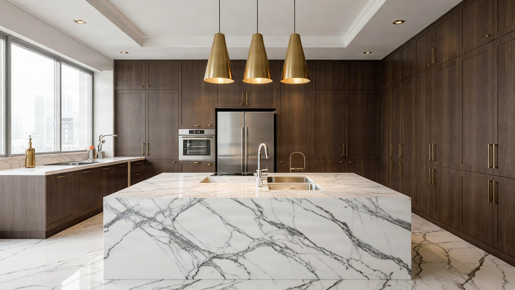 Modern Kitchen with custom white cabinetry and marble island