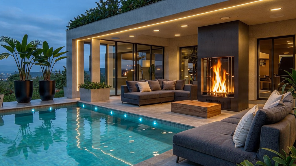 Luxurious Outdoor Living Space with modern fireplace
